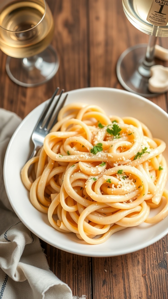 A bowl of creamy garlic pasta garnished with parsley and Parmesan cheese on a rustic table.